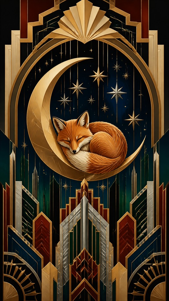 a sleeping baby fox curled on a crescent moon among soft stars, gentle and warm, no text — Art Deco Architecture Art baby announcement