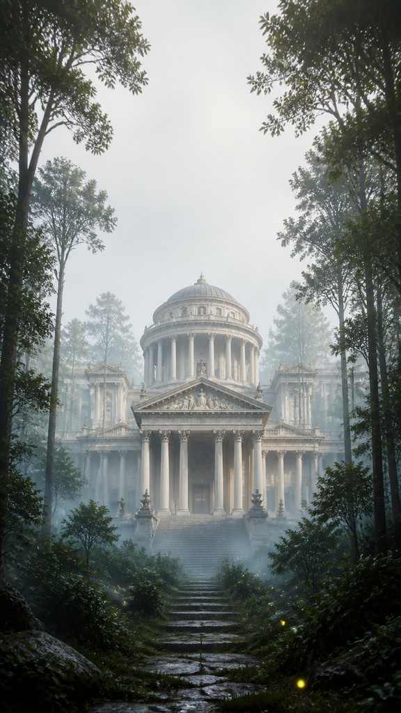 a mysterious forest path with fireflies and drifting mist, atmospheric vertical composition with open space at the top, no text — Neoclassical Architecture book cover