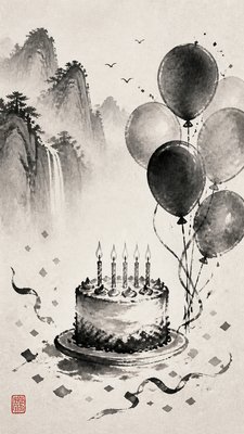 Traditional Chinese Landscape Art Style birthday card example