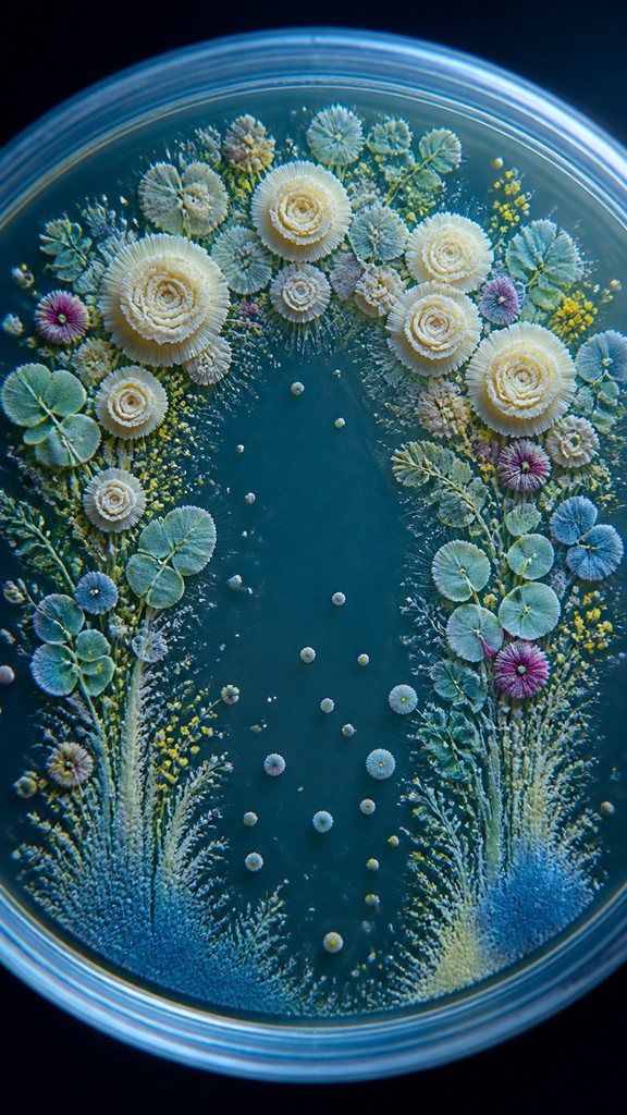an arch of white roses and eucalyptus in soft morning light, elegant vertical composition with open space, no text — Bacteriological Agar Art wedding invitation
