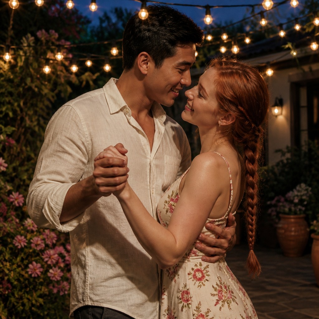 an original couple dancing under string lights in a garden at dusk: a man with short black hair in a linen shirt and a woman with braided red hair in a summer dress — Hyperrealistic Portrait Art Style couple portrait