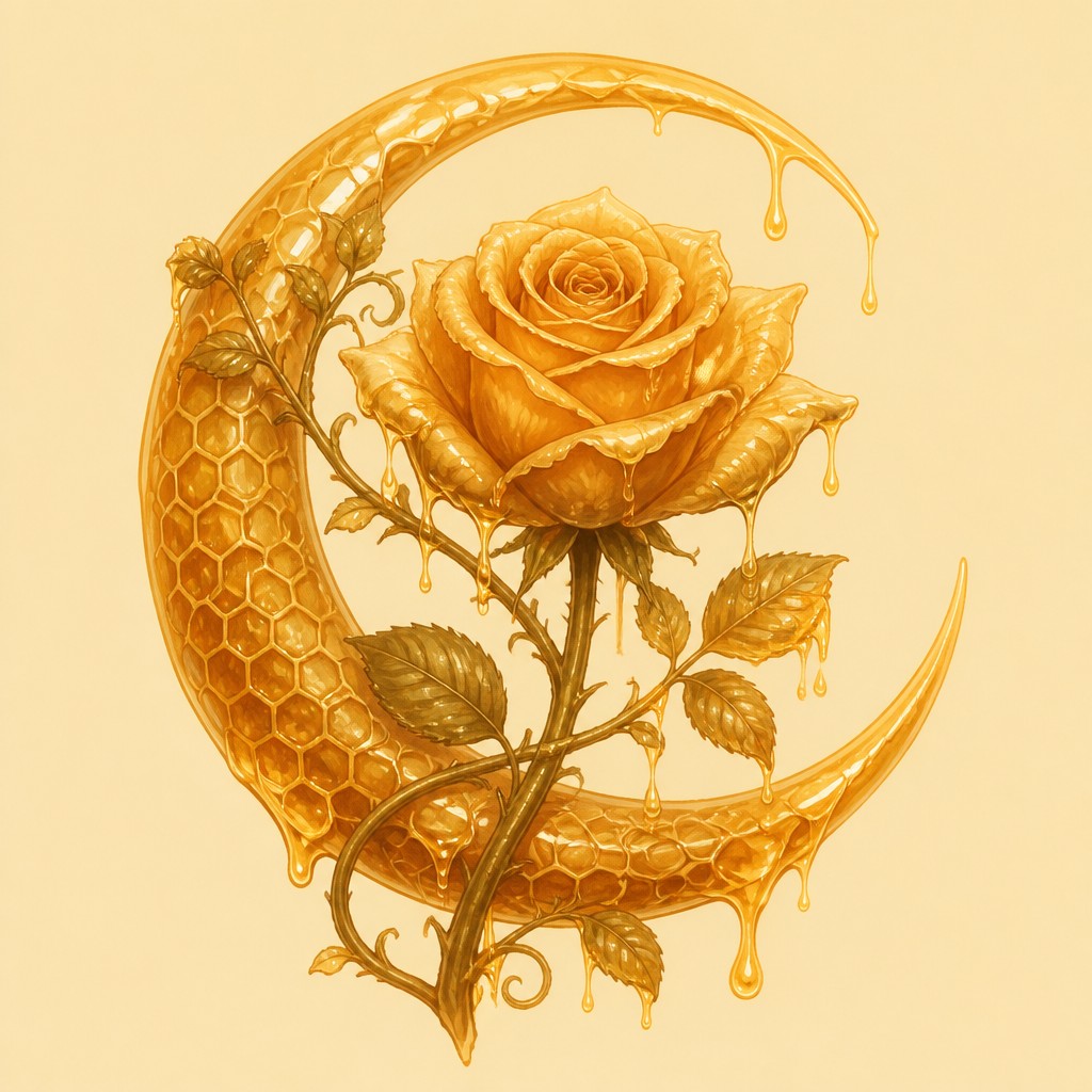 a rose entwined with a crescent moon, clean balanced composition on a plain background, no text — Honeycore Aesthetic tattoo design