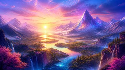 a vast valley with a river winding toward distant mountains at sunrise, no people, no text — Digital Art Style wallpaper