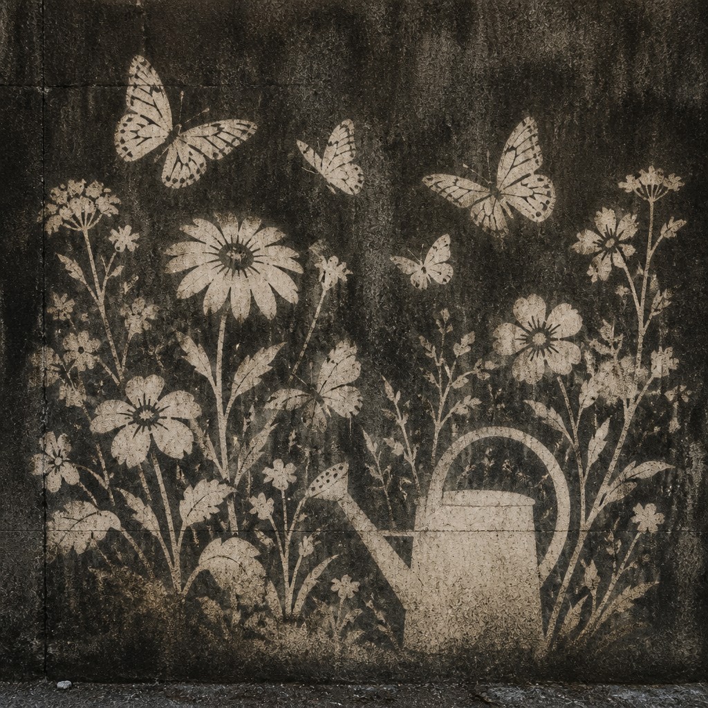 a garden scene with butterflies, flowers and a watering can, clean uncolored line art, no text — Reverse Graffiti Street Art Style coloring page