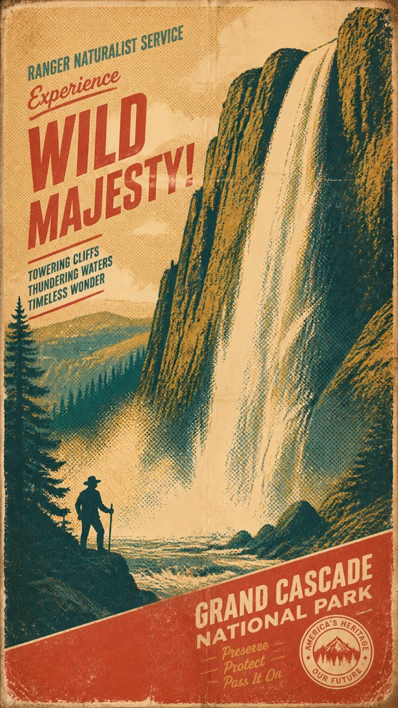 towering waterfall cascading down a cliff — Vintage Poster Design