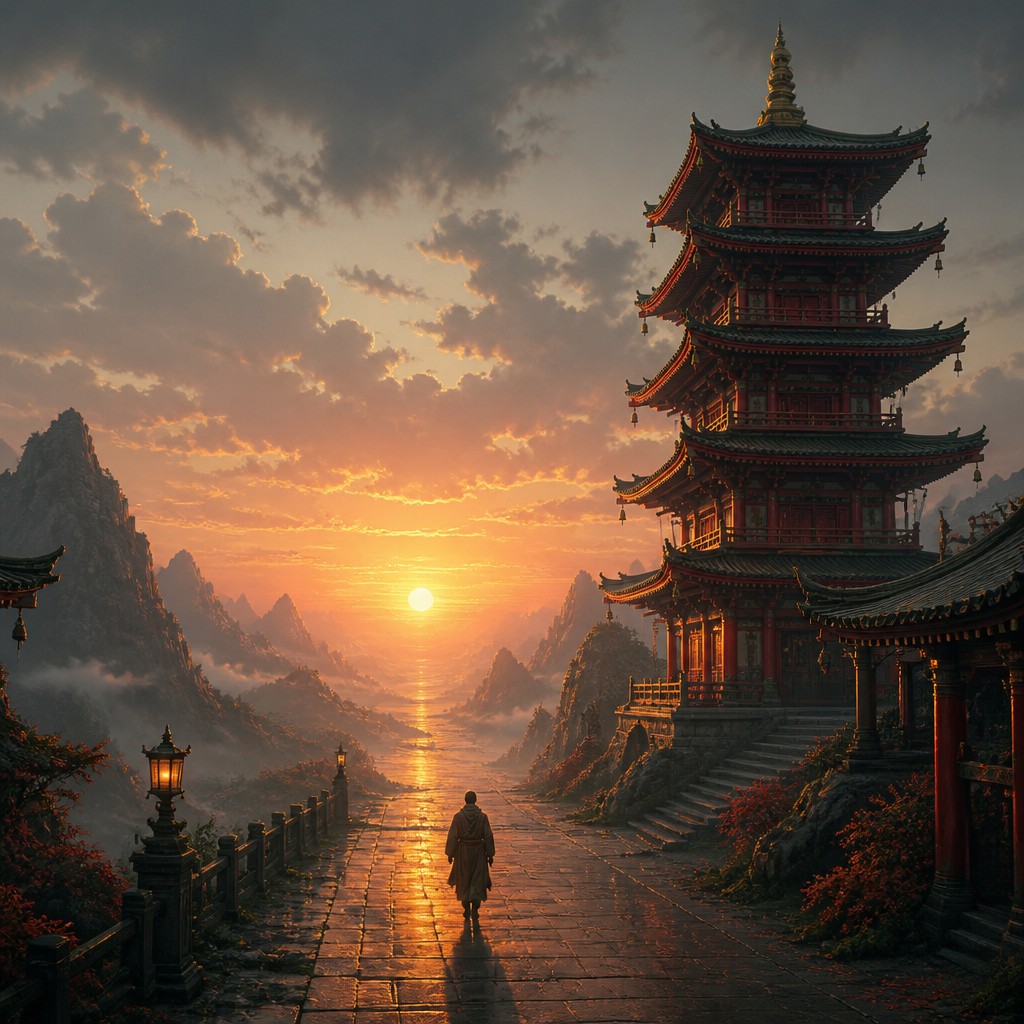 a solitary figure walking toward a glowing horizon across an empty plain, moody atmosphere, no text or lettering — Pagoda Architecture Style album cover