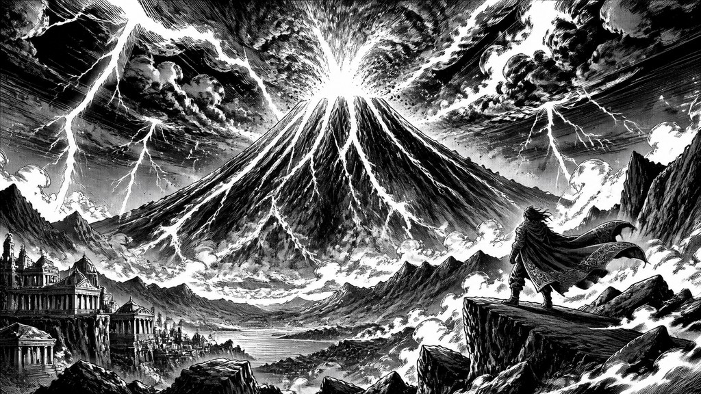 an erupting volcano with lightning strikes, dramatic wide composition, no text — Fantasy Adventure Manga Art Style YouTube thumbnail