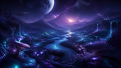 a vast valley with a river winding toward distant mountains at sunrise, no people, no text — Lunarpunk Aesthetic wallpaper