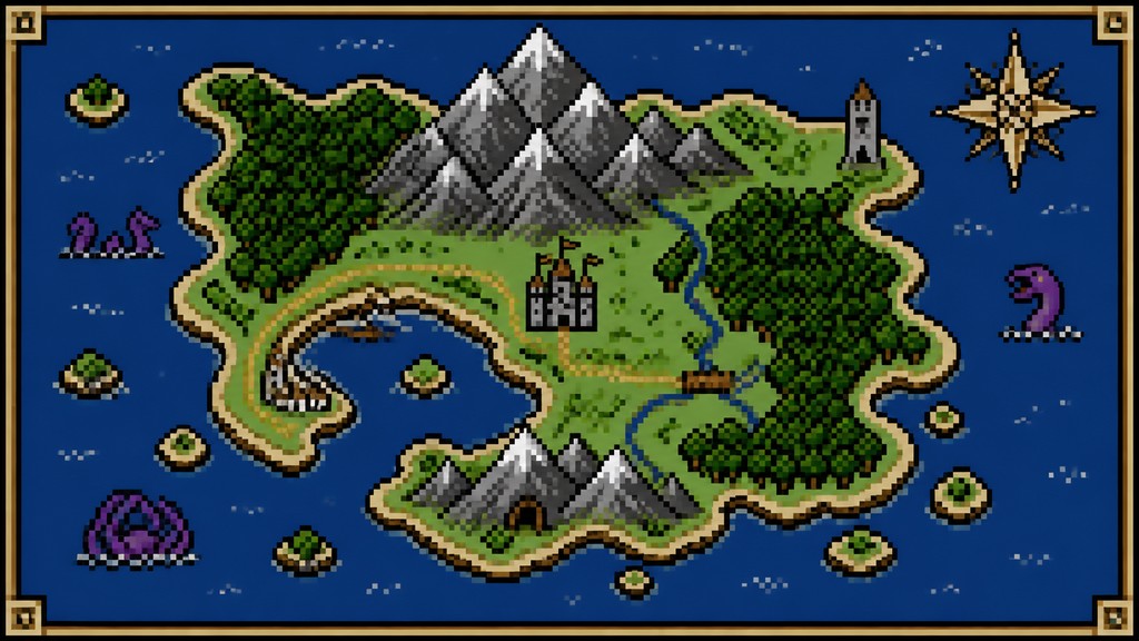 a map of an island realm with mountains, forests, a sheltered bay, sea monsters in the water and a compass rose, no text labels — 8-Bit Pixel Art Style fantasy map