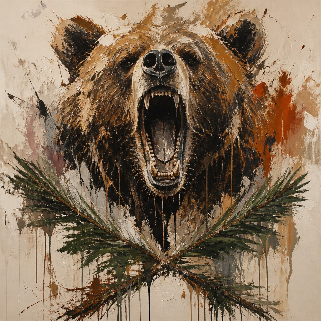 a roaring bear head above crossed pine branches, bold graphic composition on a plain background, no text — Abstract Expressionism Art Style t-shirt design