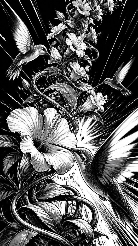a climbing vine of flowers and hummingbirds on a dark background, tall wrapping composition, no text — Sports Manga Art Style phone case design