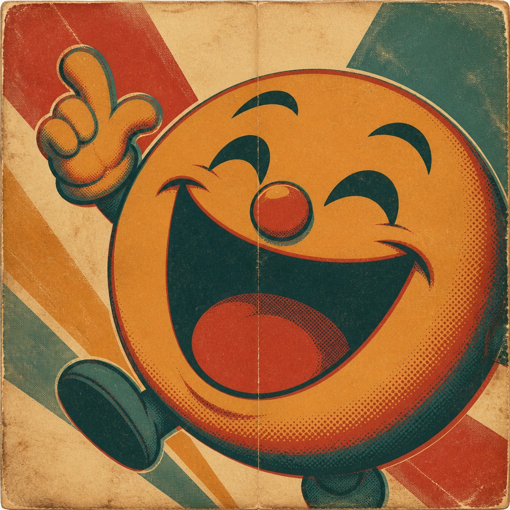 an exaggerated laughing face of an original round mascot character, bold and readable at small size, plain background, no text — Vintage Poster Design Twitch emote