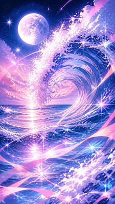 an ocean wave curling under moonlight, no people — Magical Girl Anime Art Style wallpaper