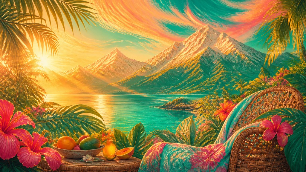 a flowing aurora over snowy peaks, wide sweeping composition, no people, no text — Tropicalcore Aesthetic banner