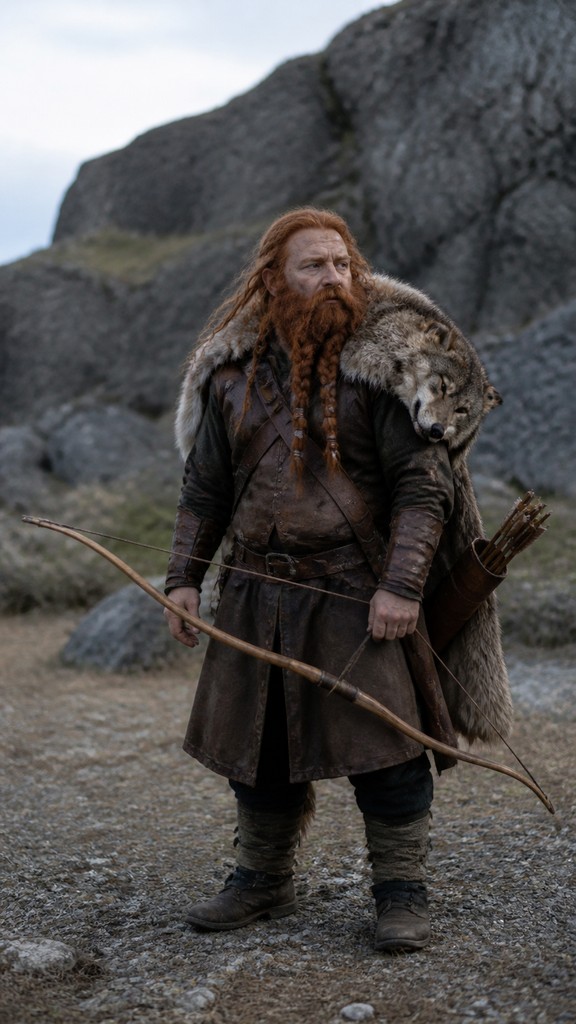 full-body original character: a dwarven ranger with a braided auburn beard, worn leather armor, a longbow and a wolf-pelt cloak, neutral background, no text — Documentary Photography Style tabletop character portrait