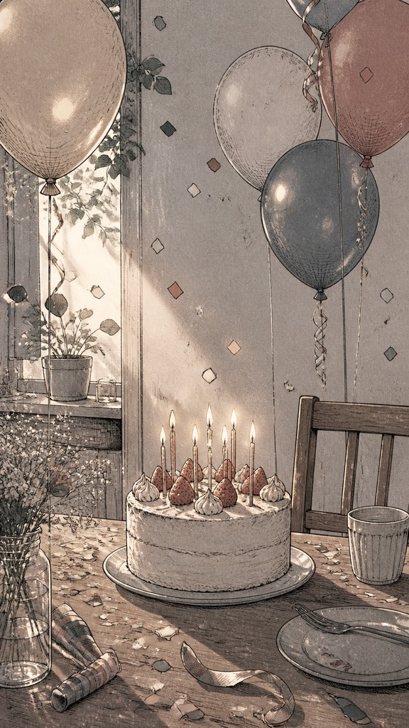 a birthday cake with lit candles surrounded by balloons and confetti, festive vertical composition, no text — Slice of Life Manga Art Style birthday card
