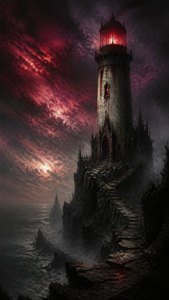a lone lighthouse on a cliff at dusk under a dramatic sky, no text or lettering — Dark Fantasy Art poster