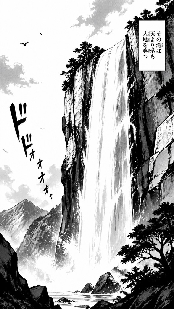 towering waterfall cascading down a cliff — Manga Art Style