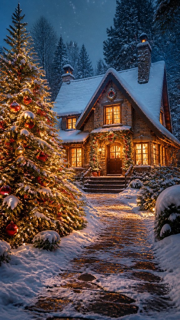 a snow-covered cottage with warm glowing windows beside a decorated pine tree, gentle snowfall, no text — Hyperrealism Art Style Christmas card