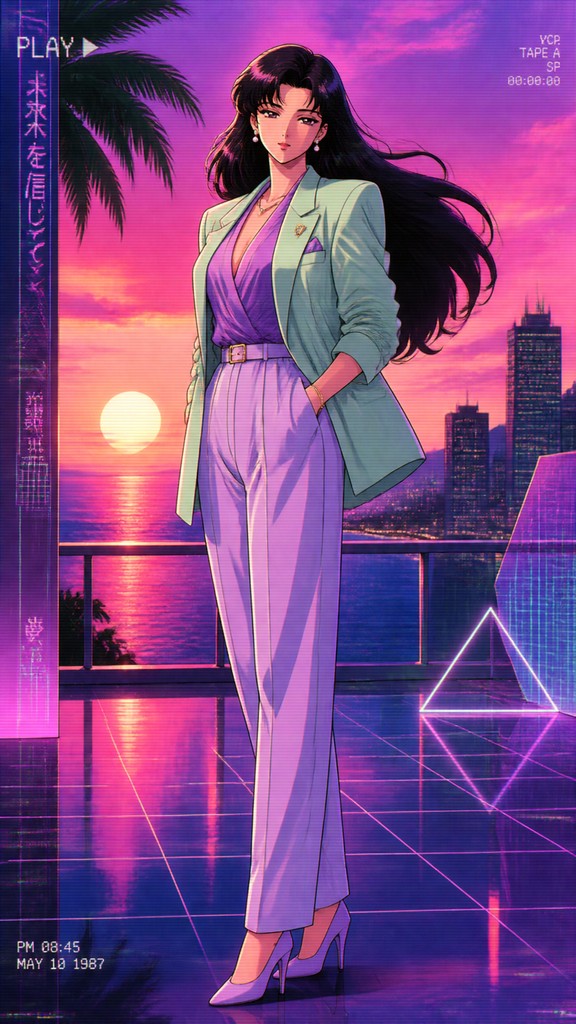 full-length portrait of an elegant figure — Vaporwave Anime Aesthetic