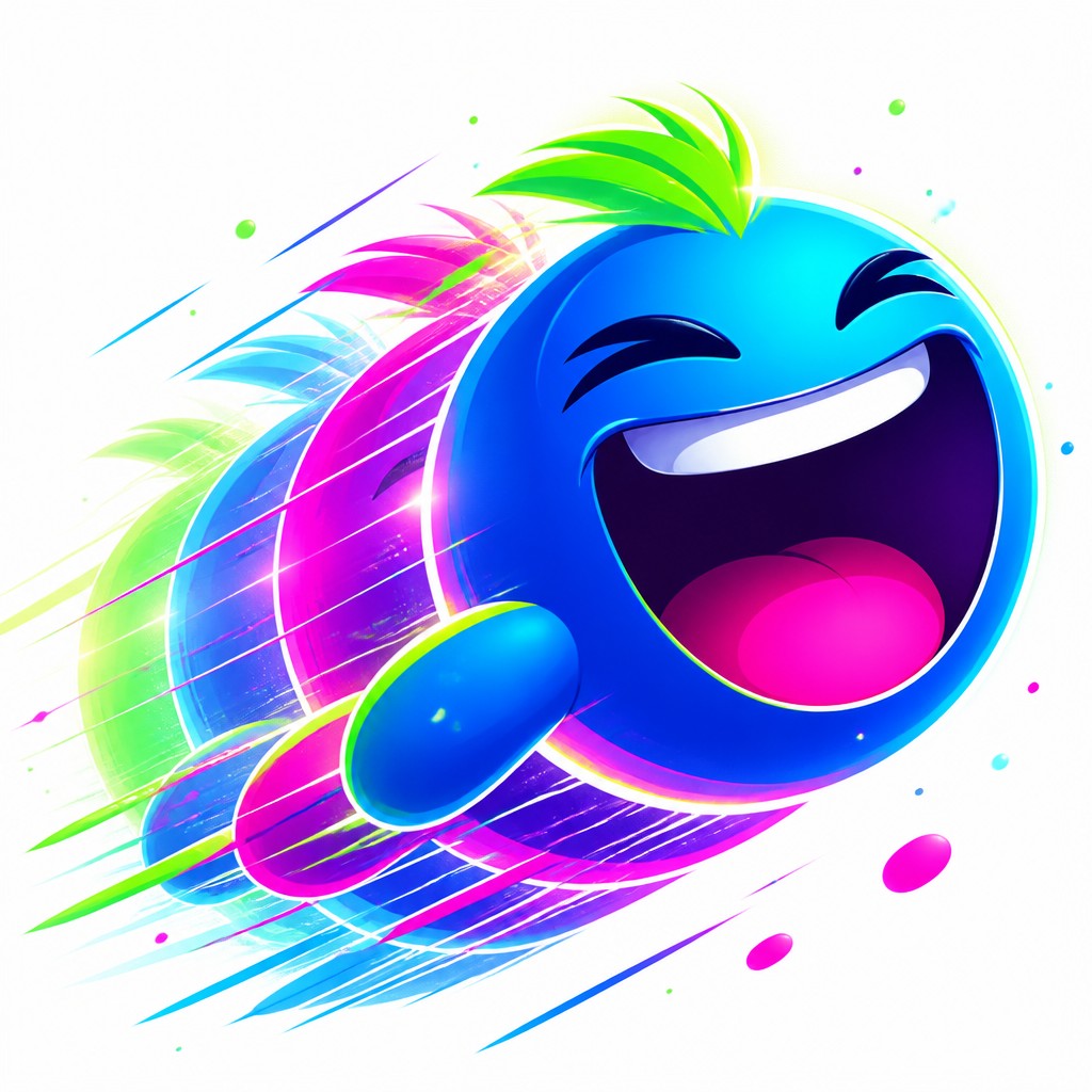 an exaggerated laughing face of an original round mascot character, bold and readable at small size, plain background, no text — Motion Graphics Digital Art Style Twitch emote