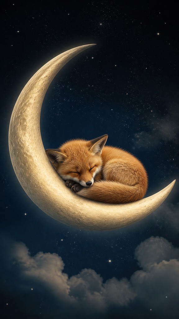 a sleeping baby fox curled on a crescent moon among soft stars, gentle and warm, no text — Photorealistic Still Life Art Style baby announcement