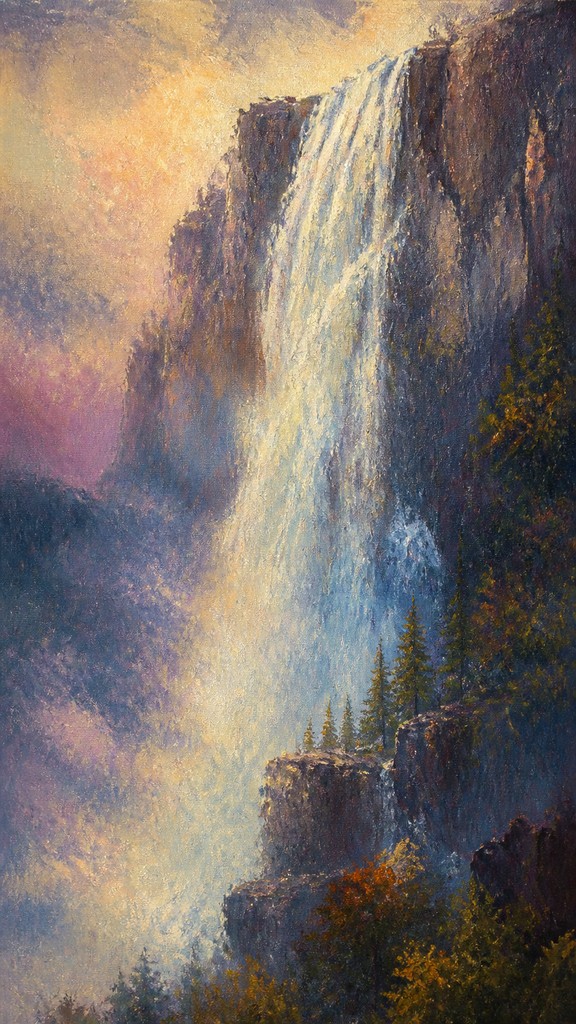 towering waterfall cascading down a cliff — Scumbling Painting Style