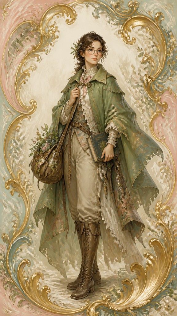 full-body original character: a wandering botanist with a satchel of plants, a patched green cloak, tall boots and round glasses, neutral background — Rococo Classical Art Style character design