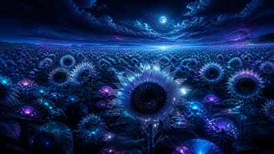 an endless field of sunflowers under summer clouds, no people — Lunarpunk Aesthetic wallpaper