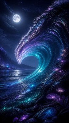 an ocean wave curling under moonlight, no people — Lunarpunk Aesthetic wallpaper