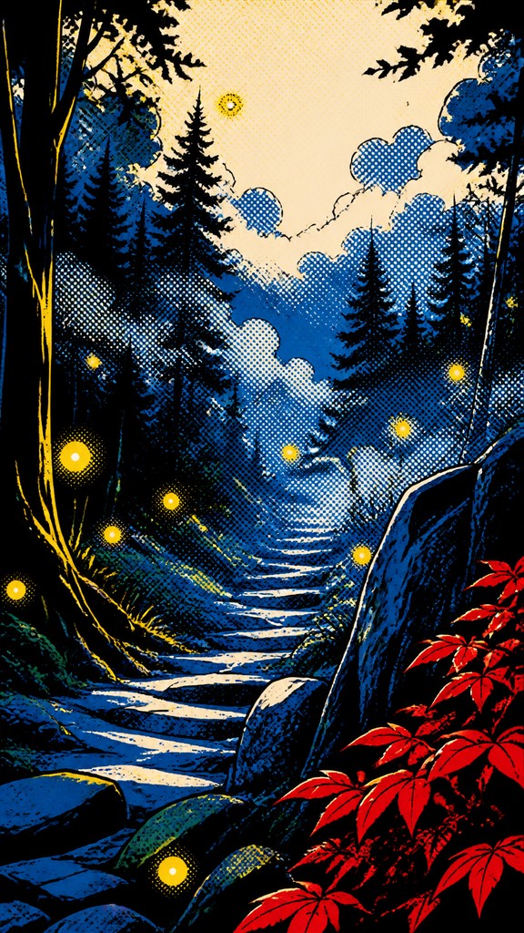 a mysterious forest path with fireflies and drifting mist, atmospheric vertical composition with open space at the top, no text — Comic Book Pop Art Style book cover