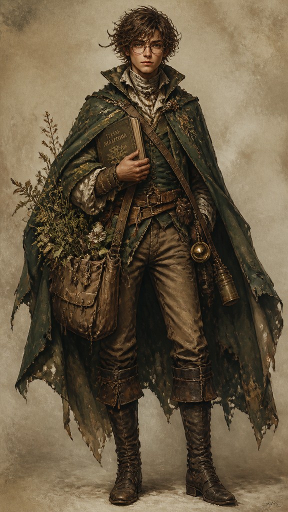full-body original character: a wandering botanist with a satchel of plants, a patched green cloak, tall boots and round glasses, neutral background — Piratecore Aesthetic character design