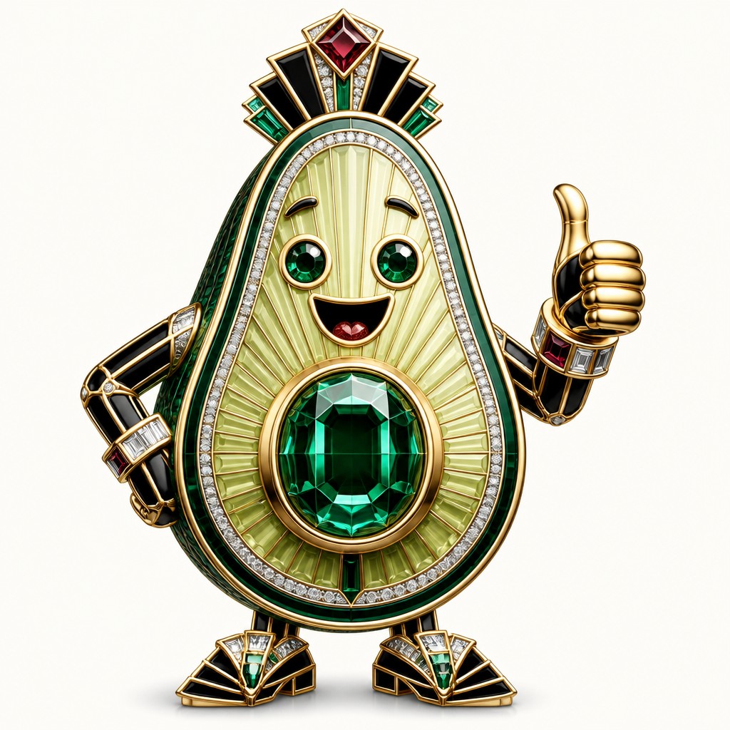 a happy avocado character giving a thumbs up, bold readable design on a plain background, no text — Art Deco Jewelry Design sticker