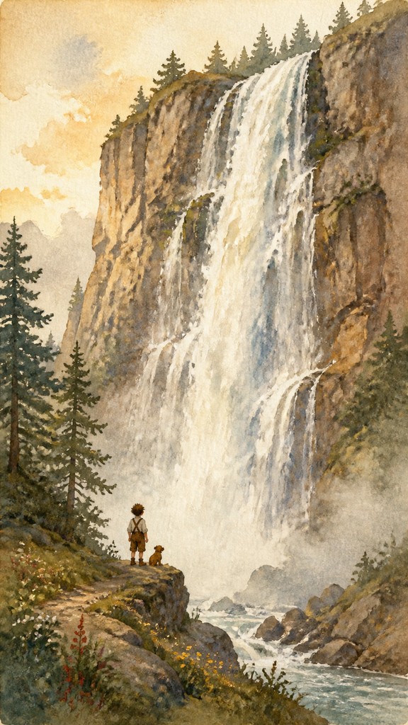 towering waterfall cascading down a cliff — Storybook Watercolor
