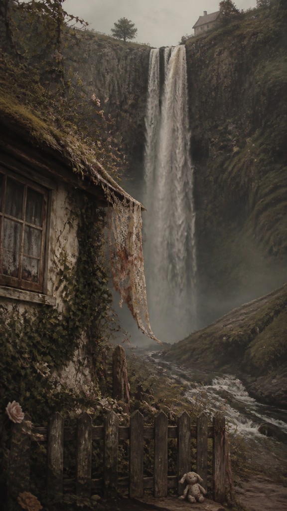 towering waterfall cascading down a cliff — Dark Cottagecore Aesthetic