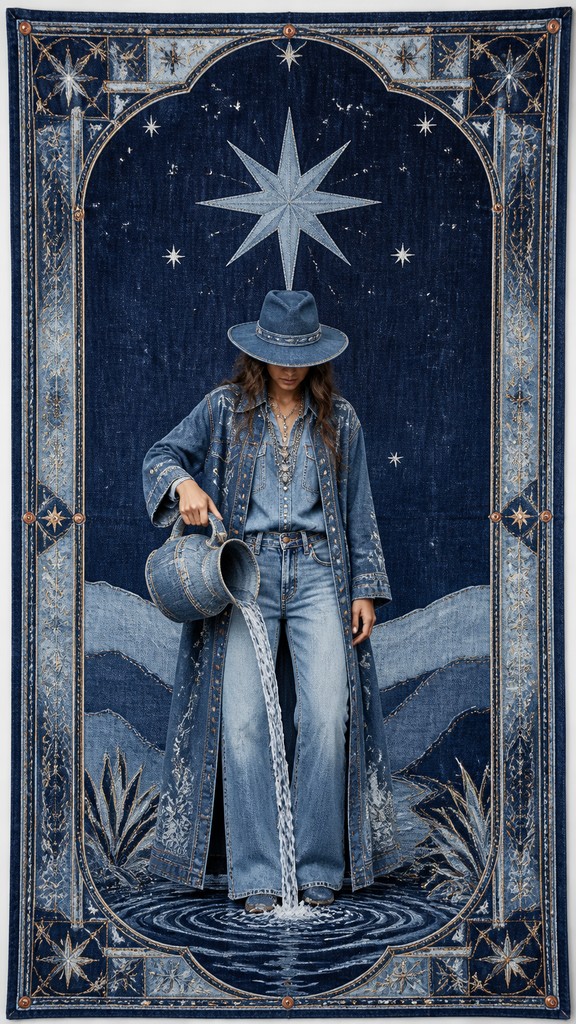 a robed figure pouring water beneath a large eight-pointed star in a night sky, symmetrical composition with an ornate decorative border, no text — Denim-on-Denim Fashion Style tarot card