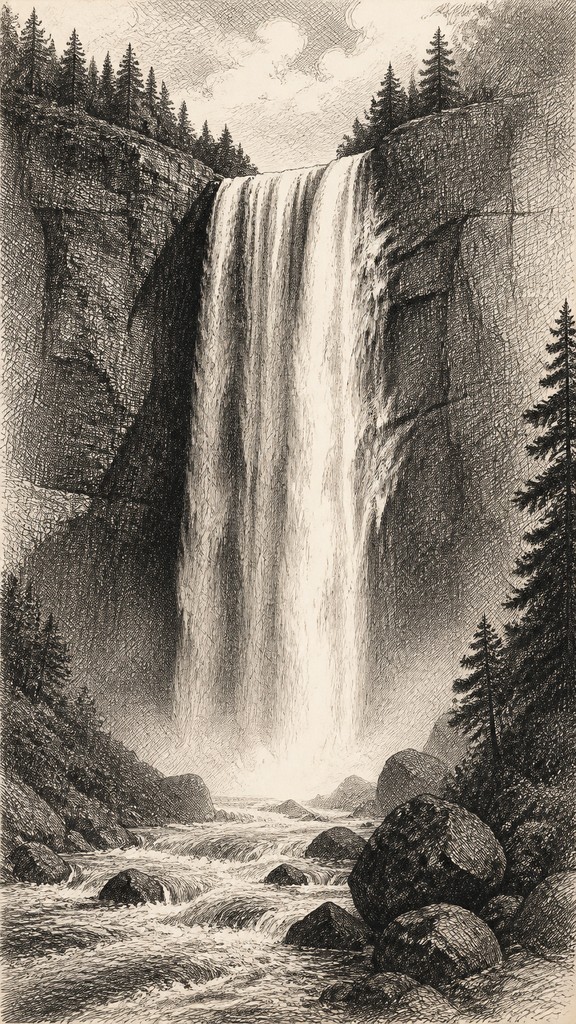 towering waterfall cascading down a cliff — Cross-Hatching Drawing Style