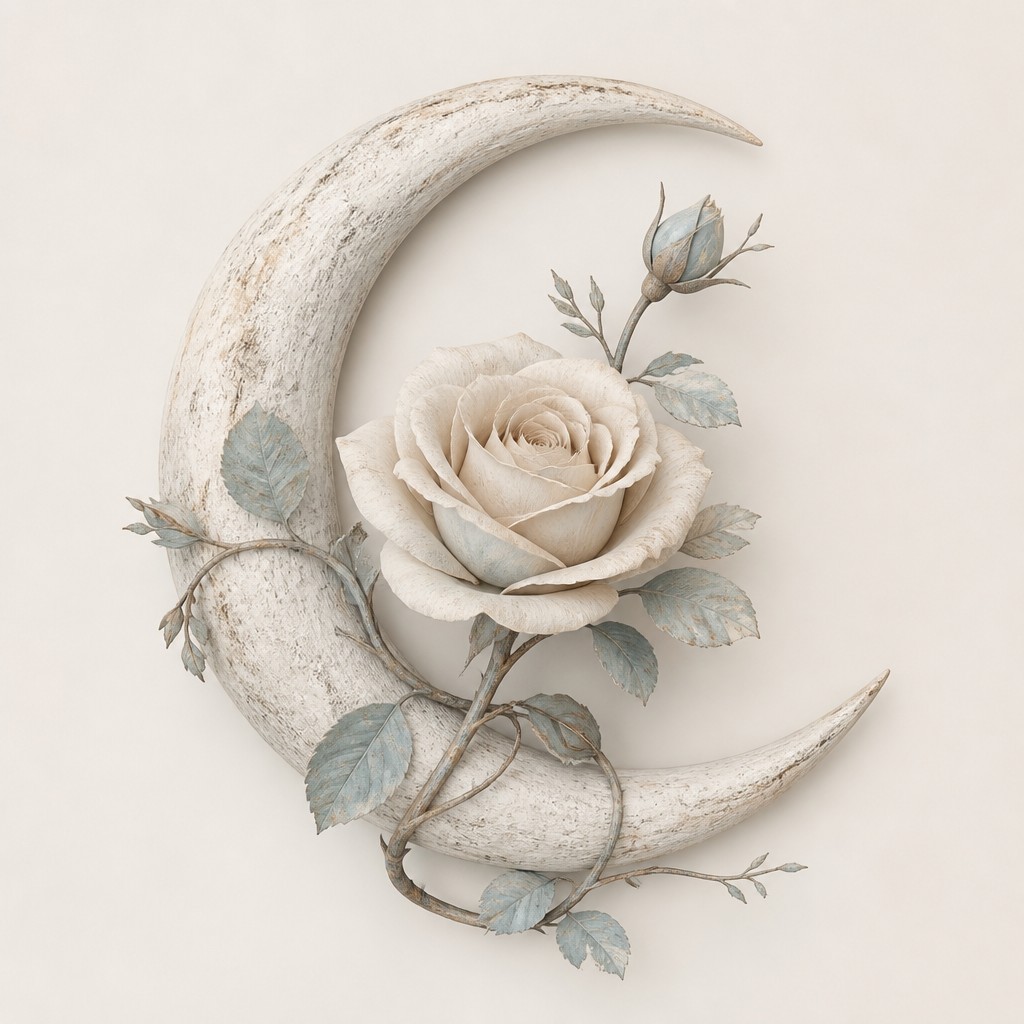 a rose entwined with a crescent moon, clean balanced composition on a plain background, no text — Coastal Interior Design tattoo design