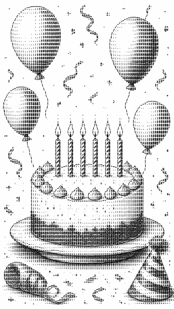 a birthday cake with lit candles surrounded by balloons and confetti, festive vertical composition, no text — ASCII Art Style birthday card