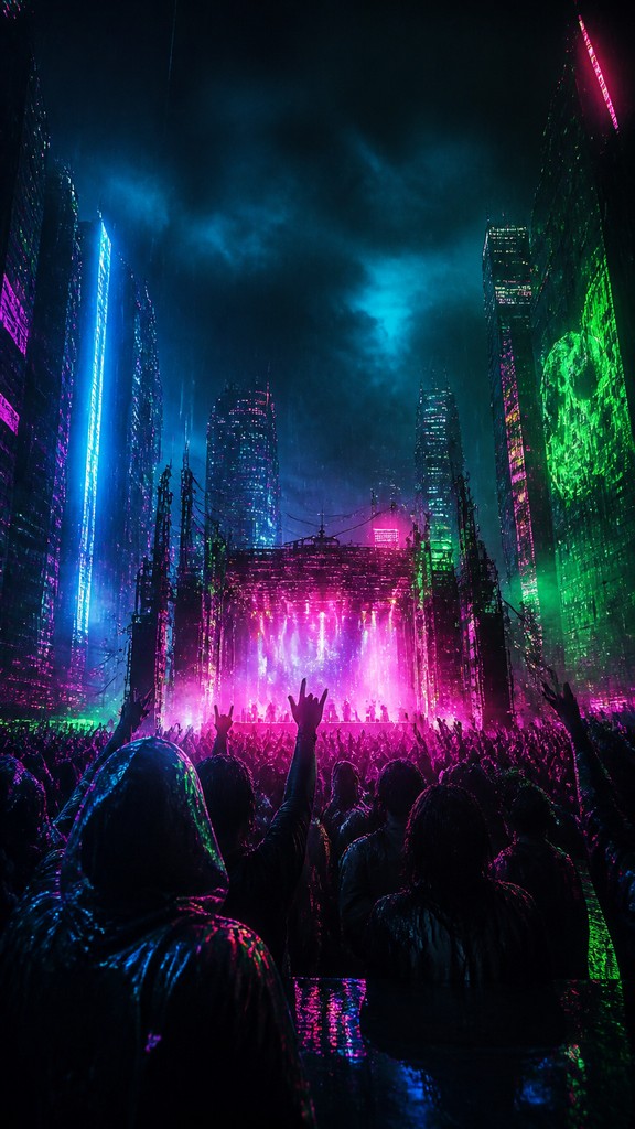 a live music scene with a glowing stage and silhouetted crowd, energetic vertical composition with open space at the top, no text — Cyberpunk Art Style flyer