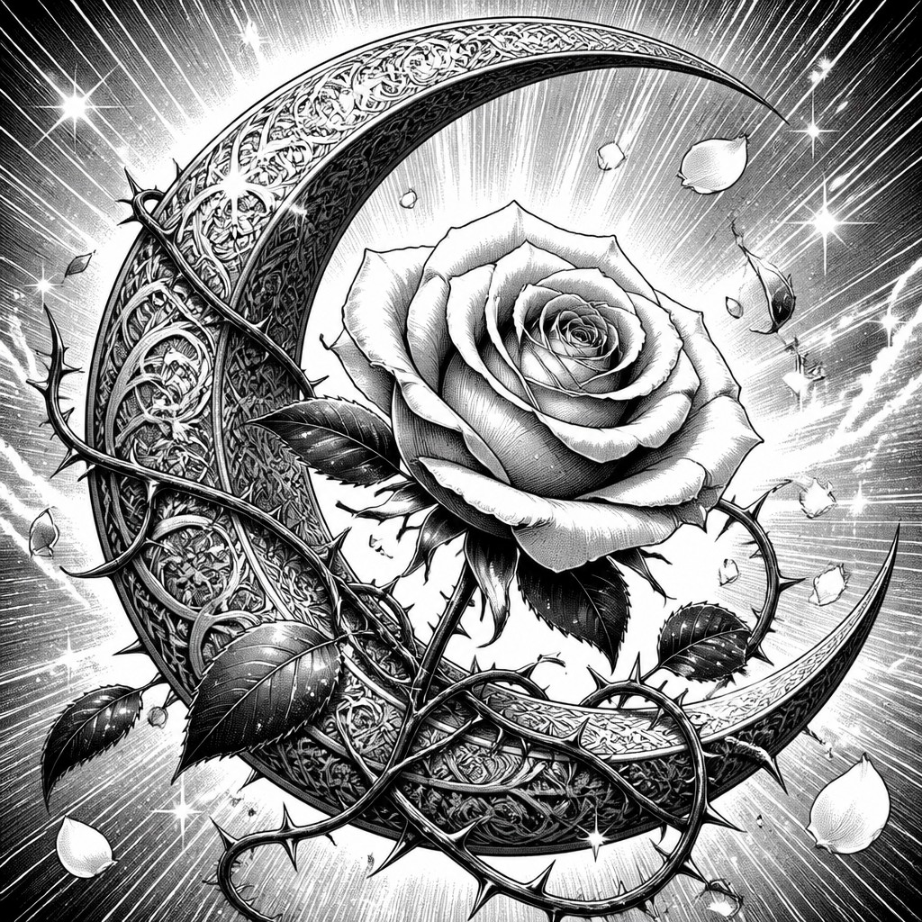 a rose entwined with a crescent moon, clean balanced composition on a plain background, no text — Fantasy Adventure Manga Art Style tattoo design