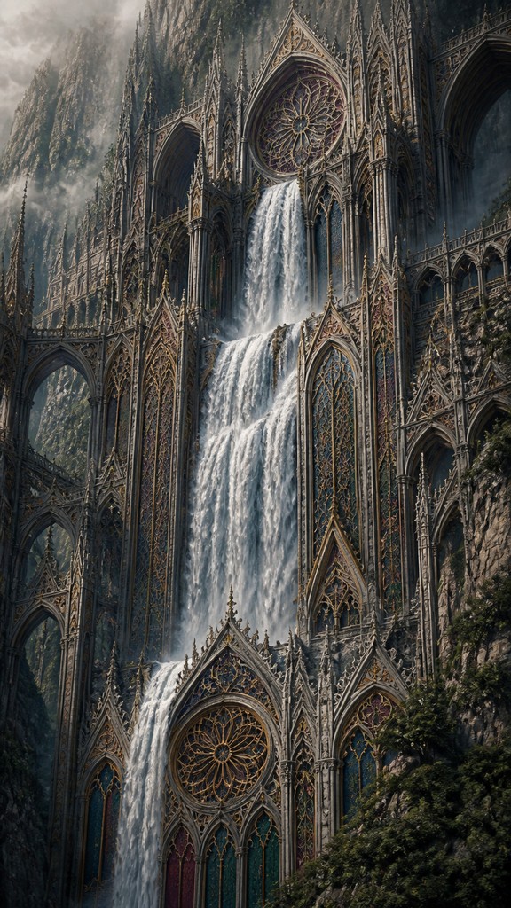towering waterfall cascading down a cliff — Gothic Architecture Art