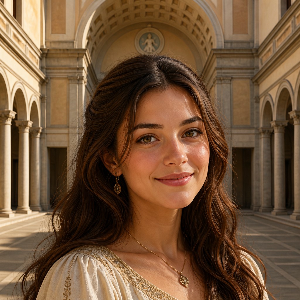 head-and-shoulders portrait of an original character: a young woman with wavy chestnut hair and a warm smile, plain soft backdrop — Renaissance Architecture profile picture