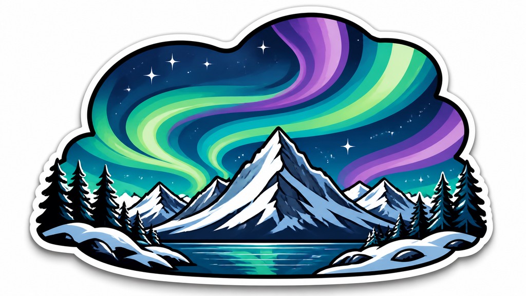a flowing aurora over snowy peaks, wide sweeping composition, no people, no text — Die-Cut Sticker Design banner