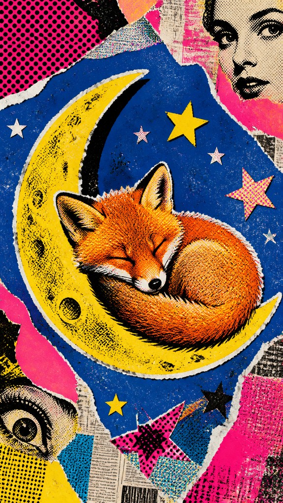 a sleeping baby fox curled on a crescent moon among soft stars, gentle and warm, no text — Collage Pop Art Style baby announcement