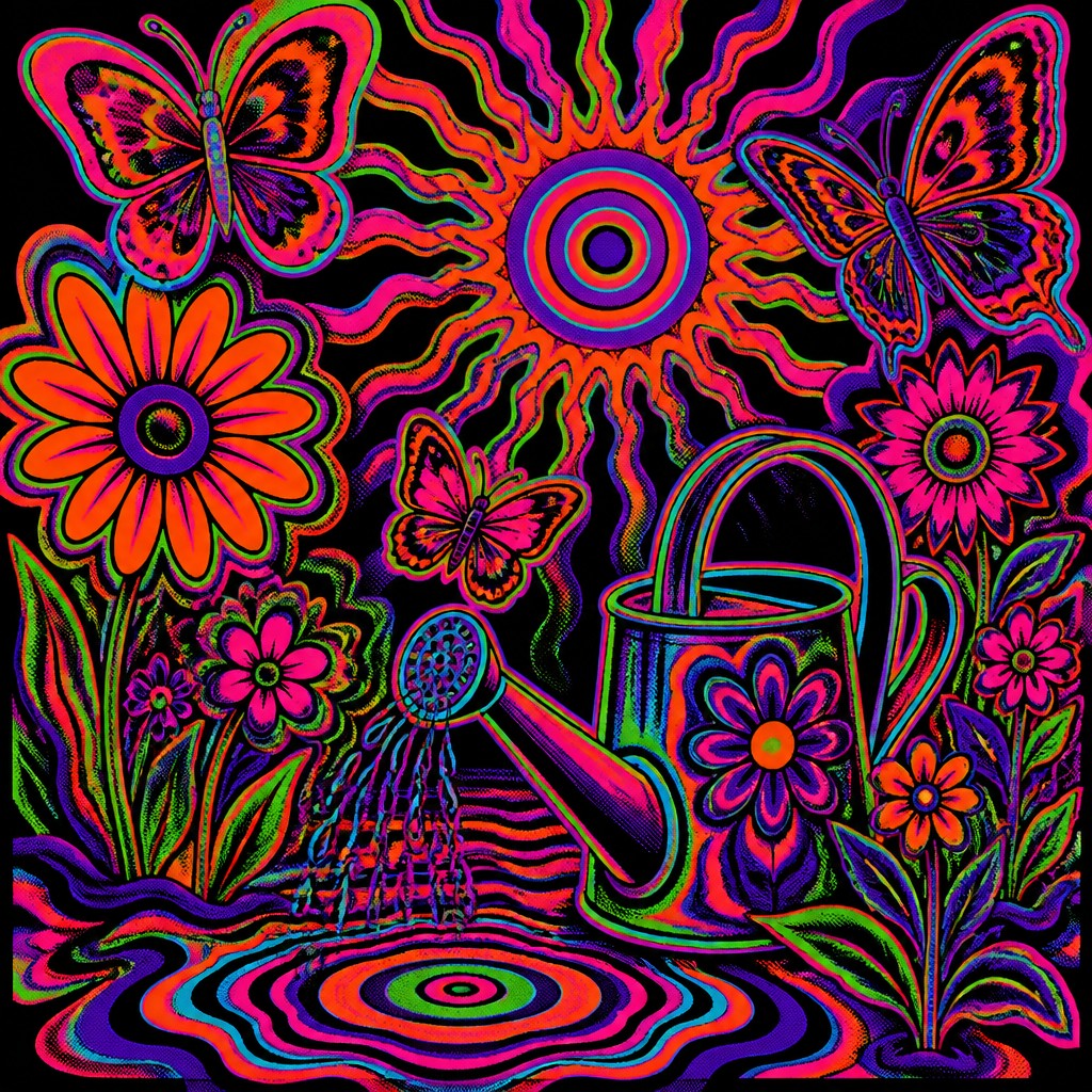 a garden scene with butterflies, flowers and a watering can, clean uncolored line art, no text — Psychedelic Poster Design coloring page