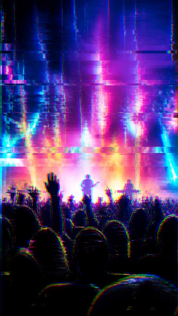 a live music scene with a glowing stage and silhouetted crowd, energetic vertical composition with open space at the top, no text — Glitch Art Style flyer