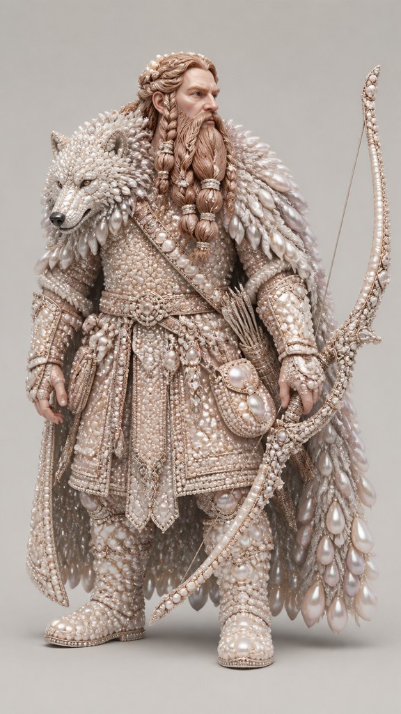 full-body original character: a dwarven ranger with a braided auburn beard, worn leather armor, a longbow and a wolf-pelt cloak, neutral background, no text — Pearl Jewelry Style tabletop character portrait