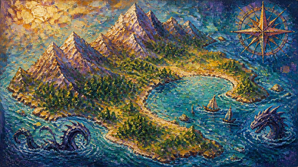 a map of an island realm with mountains, forests, a sheltered bay, sea monsters in the water and a compass rose, no text labels — Impressionist Still Life Art Style fantasy map