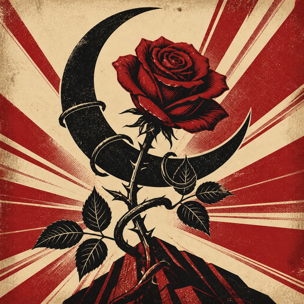 a rose entwined with a crescent moon, clean balanced composition on a plain background, no text — Propaganda Poster Design tattoo design